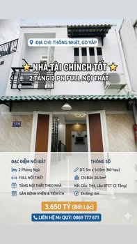 Nhà phố 2 tầng Thống Nhất, Gò Vấp 26m² giá 3.65 tỷ - Full nội thất, gần tiện ích!