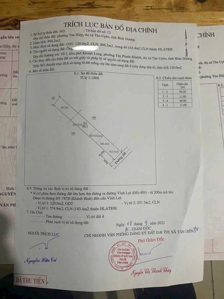 Đất nền Tân Hiệp, Tân Uyên 1133m² giá 10.5 tỷ - Mặt tiền đường Tân Hiệp 04