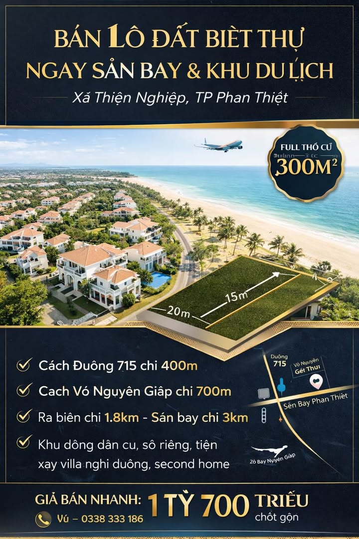 Biệt thự 300m² xã Thiện Nghiệp, Phan Thiết, Bình Thuận - Giá 1.7 tỷ, sổ đỏ chính chủ!
