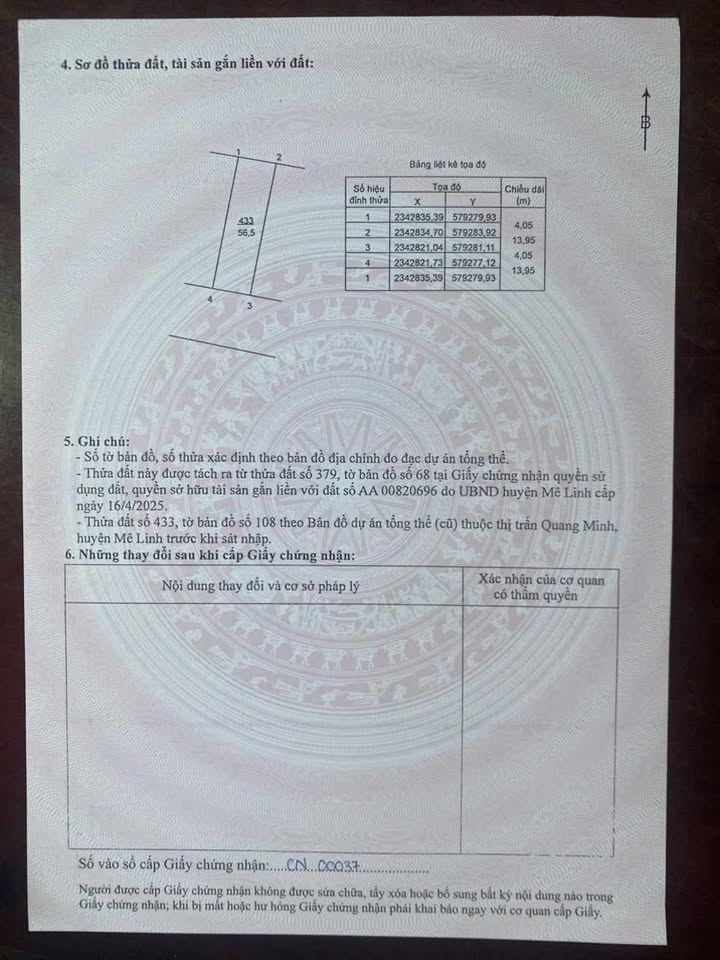 Đất nền 56,5m² tại Ấp Tre, Quang Minh, Mê Linh - Giá chỉ 6.5 triệu/m²!