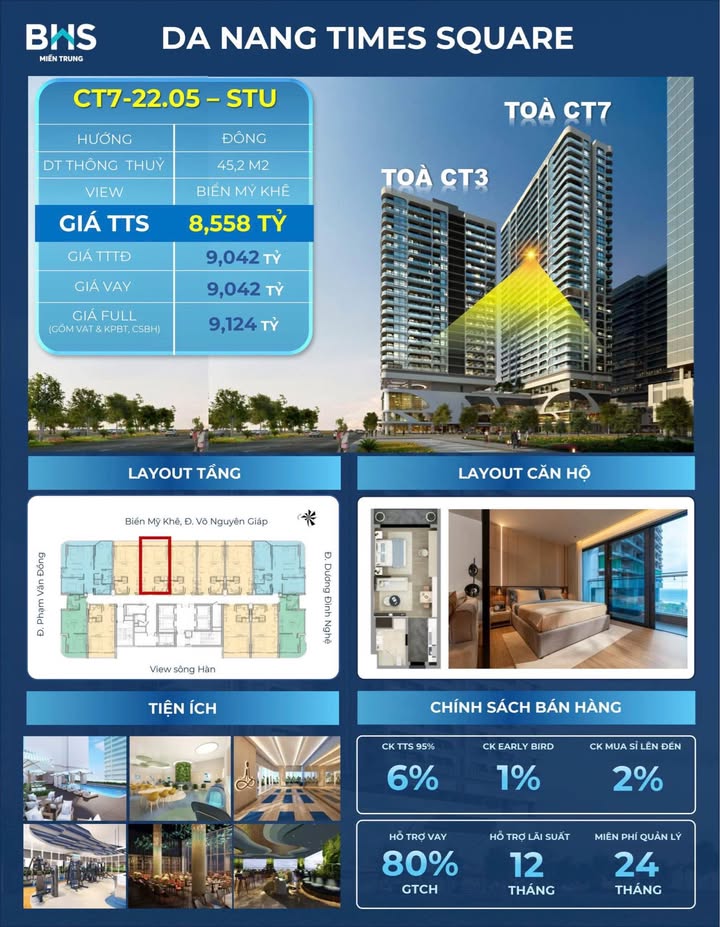 Căn hộ Studio Da Nang Time Square 45m² - Hướng Đông, View Biển Mỹ Khê