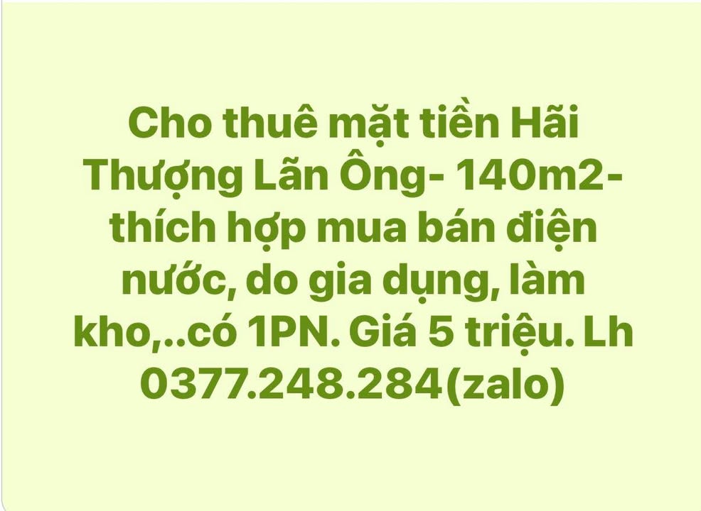 Cho thuê mặt tiền Hải Thượng Lãn Ông Phan Rang 140m² giá chỉ 5 triệu - Tiện lợi cho kinh doanh!