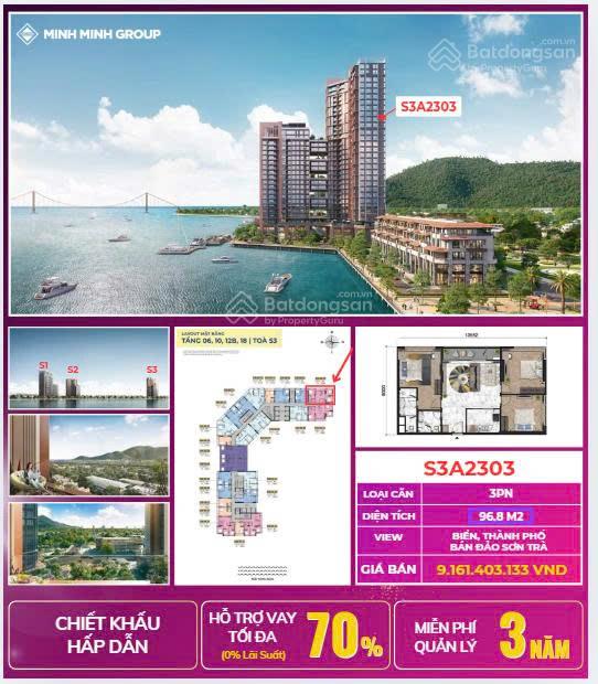 Căn hộ 3PN Sun Symphony Đà Nẵng 98,6m² giá 9.161 tỷ - Cơ hội hiếm có cho nhà đầu tư!