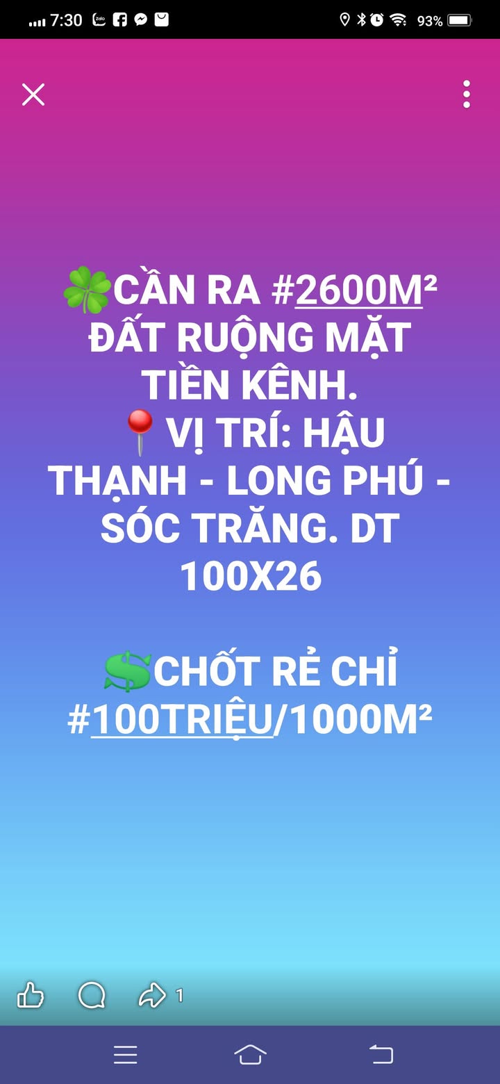 Đất thổ cư Hậu Thạnh 2600m² giá chỉ 260 triệu - Cơ hội đầu tư tuyệt vời!