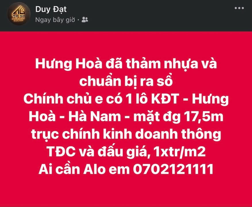 Đất nền Khu đô thị Hưng Hoà Thanh Liêm Hà Nam 77m² giá chỉ từ 1x triệu - Tiềm năng sinh lời cao!
