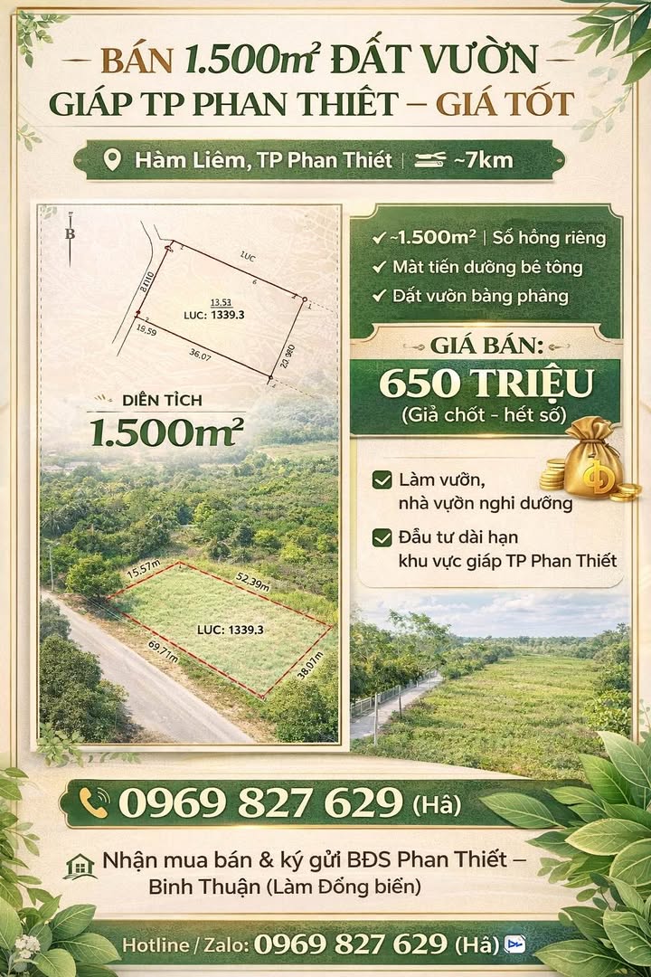 Đất vườn 1.500m² xã Hàm Liêm, TP Phan Thiết – Giá chỉ 650 triệu!