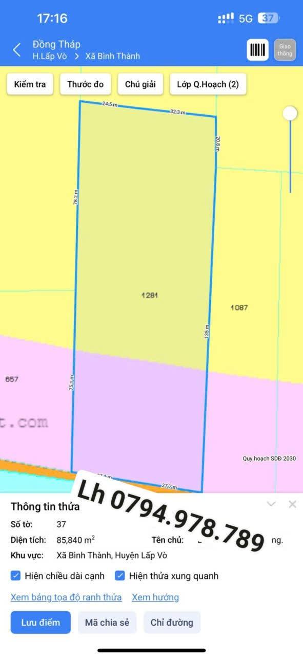 Đất ruộng Bình Thành, Lấp Vò 8,584m² giá 320 triệu - Cơ hội đầu tư hấp dẫn!