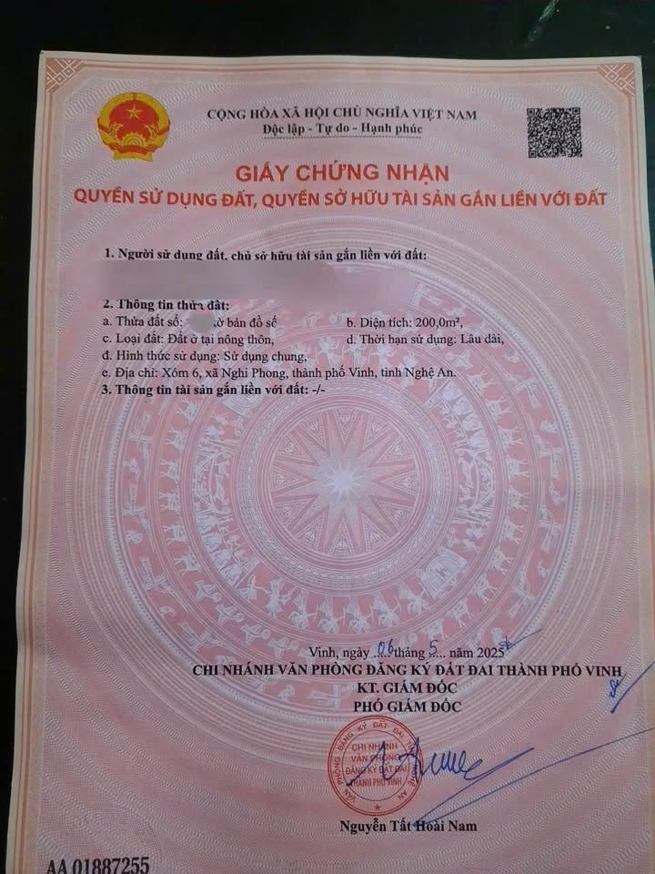 Lô đất Xóm 6, xã Nghi Phong, TP Vinh 200m² giá 3.34 tỷ - Cơ hội đầu tư hấp dẫn!