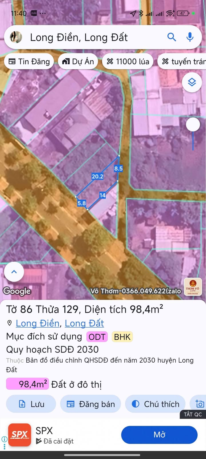 Đất nền 98.4m² xã Long Điền - Mặt tiền nhựa, giá 1.85 tỷ - Kinh doanh thuận lợi!