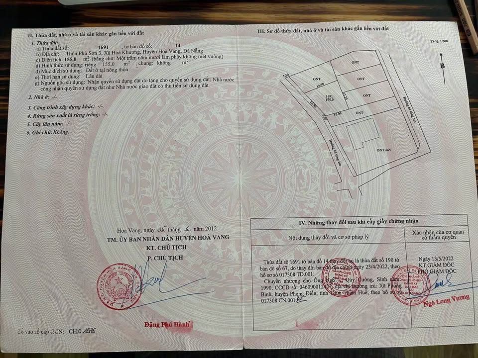 Đất thổ cư Hòa Khương, Đà Nẵng 155m² giá 1.35 tỷ - Hướng Tây Nam, đường bê tông 2m