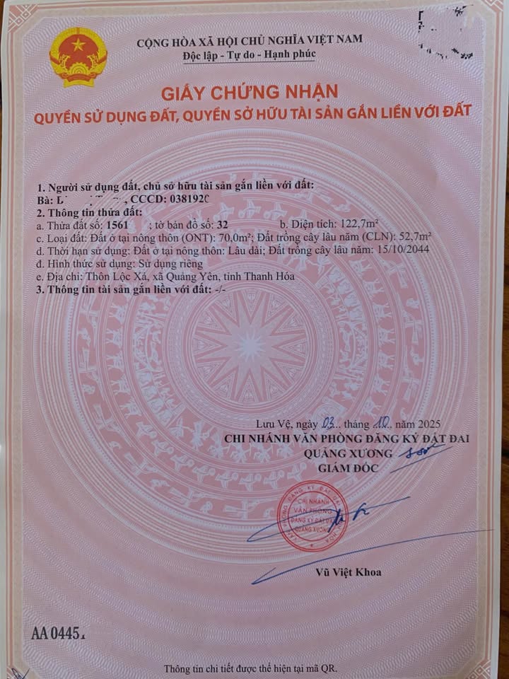 Bán lô đất Quảng Yên, Thanh Hóa 122,7m² giá 600 triệu - Đầu tư sinh lời ngay!