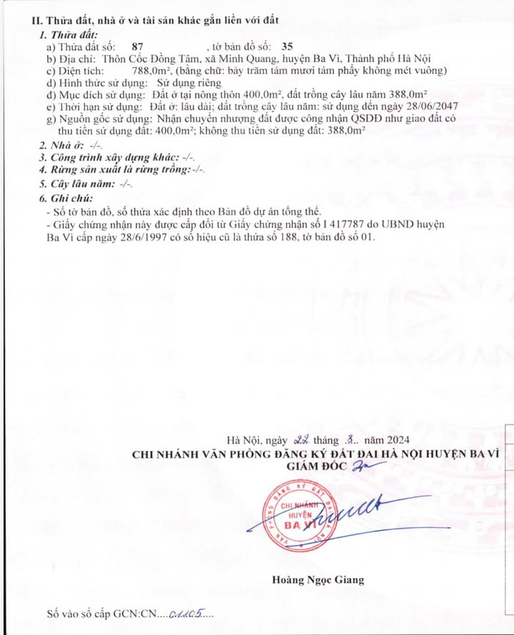 Đất chính chủ Ba Vì 788m² giá 2.85 tỷ - Cơ hội đầu tư tuyệt vời!
