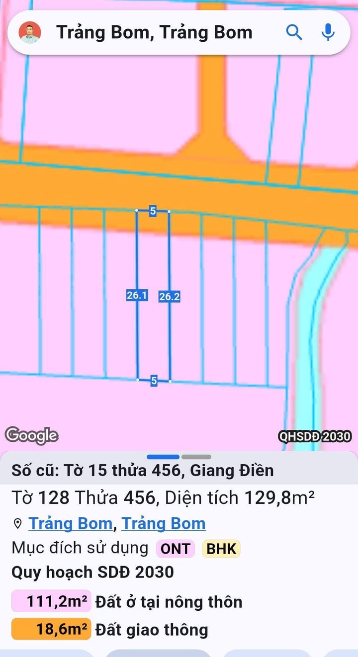 Đất thổ cư 130m² Giang Điền Trảng Bom giá 1.45 tỷ - Sổ hồng riêng, khu dân cư đông đúc!