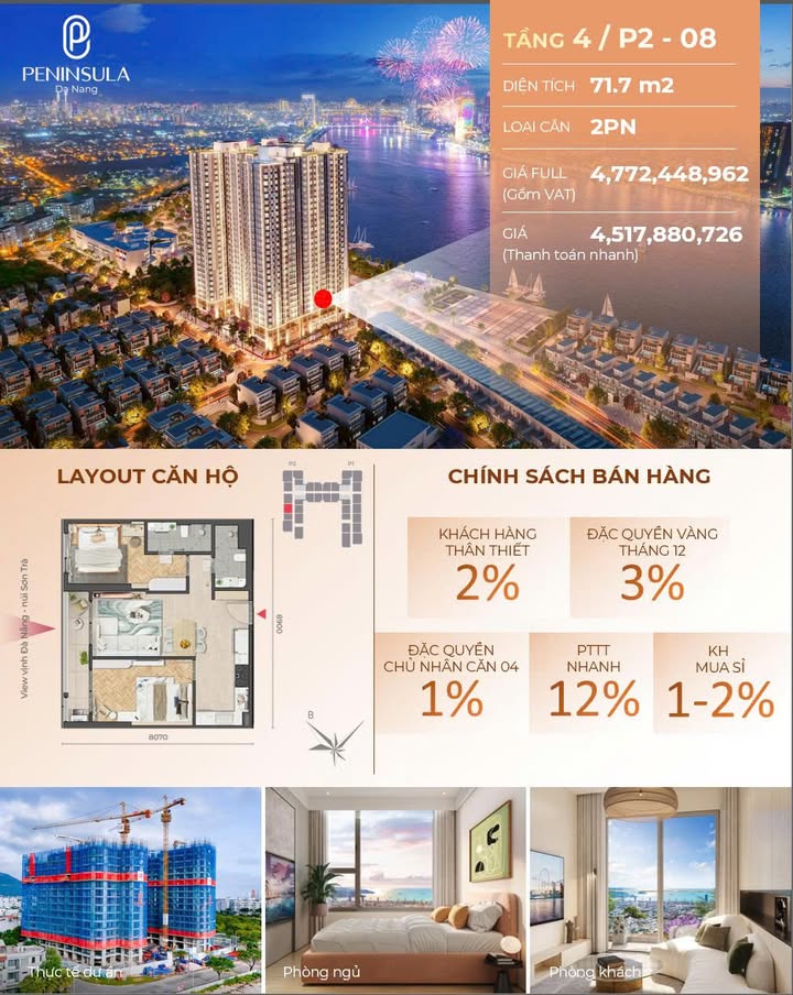 Căn hộ 2PN Peninsula Đà Nẵng 71m² giá 4.5 tỷ - Cơ hội đầu tư tuyệt vời!