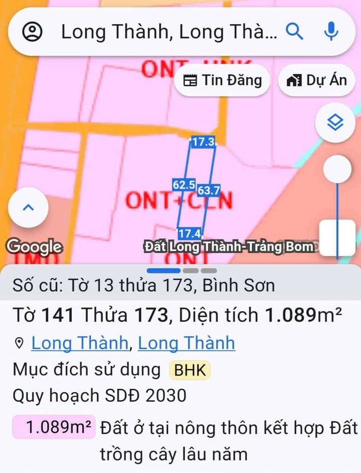 Đất nền Bình Sơn Long Thành 1089m² mặt tiền 17m - Đầu tư sinh lời tiềm năng!