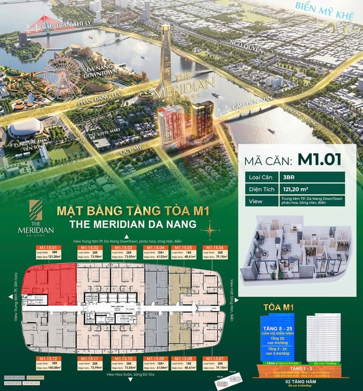 Căn hộ 3 phòng ngủ The Meridian Đà Nẵng 121m² - Tầm nhìn tuyệt đẹp giữa lòng thành phố!