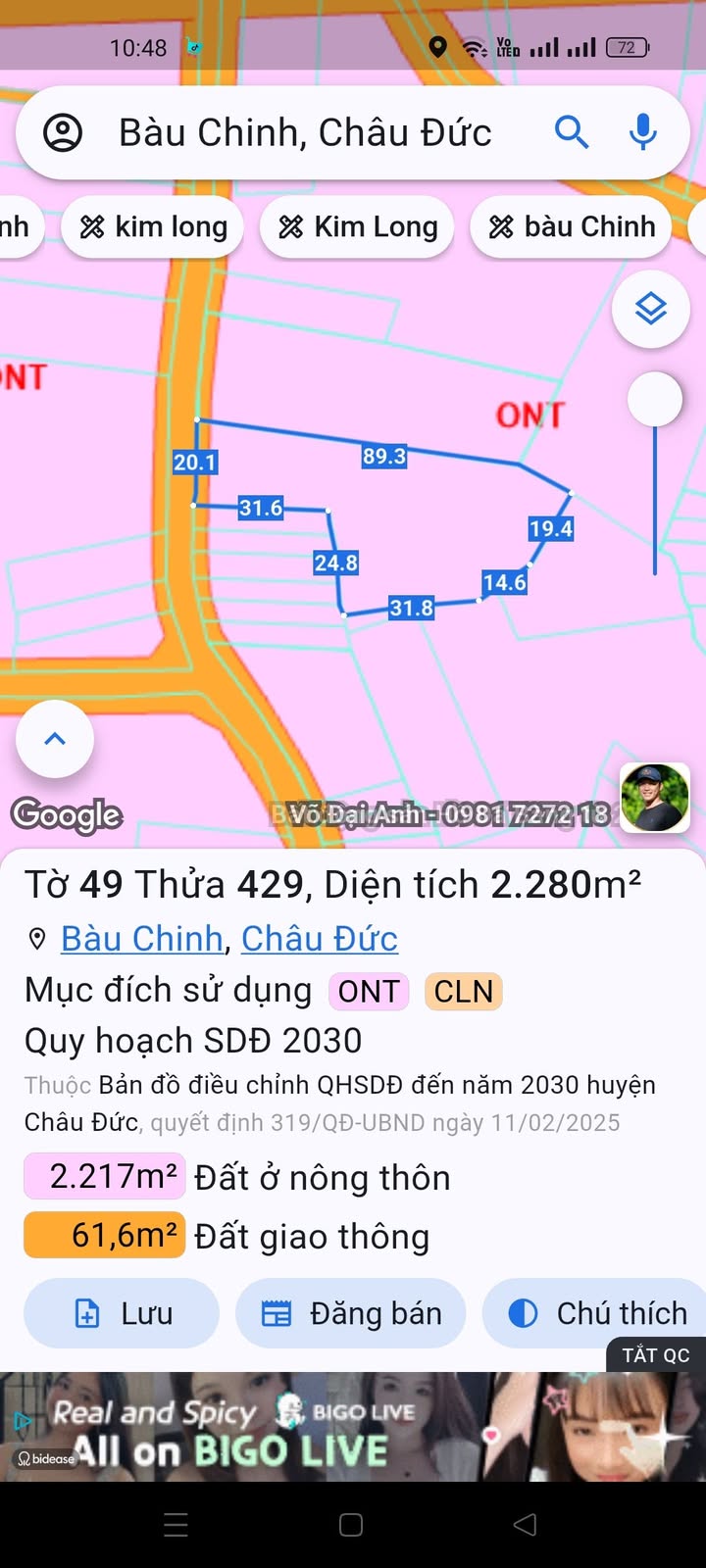 Đất nền Bàu Chinh 2300m² giá 3.4 tỷ - Mặt tiền đường nhựa, tiện ích đầy đủ!