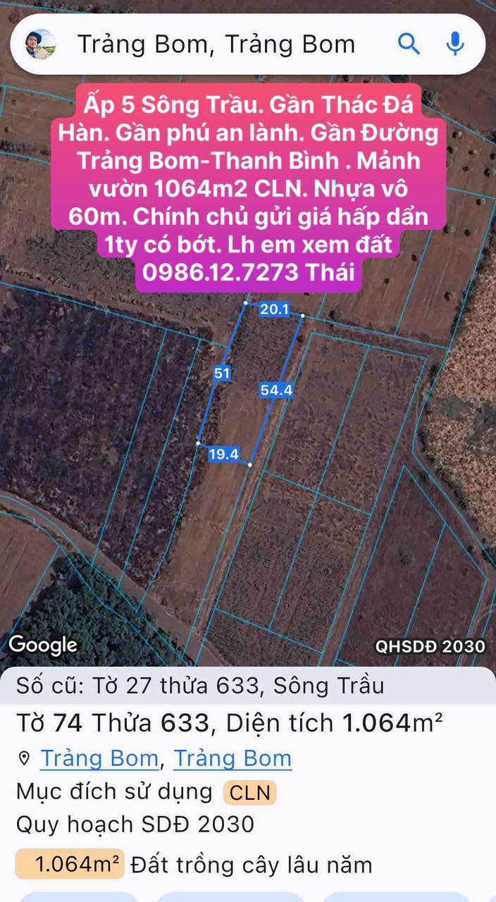 Đất vườn 1064m² ấp 5 Sông Trầu, giá 1 tỷ - Cơ hội đầu tư tuyệt vời!