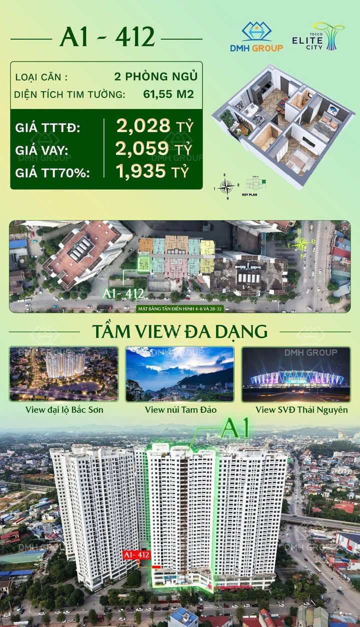 Căn hộ Tecco Elite City Thái Nguyên 61,55m² giá 2,1 tỷ - View đẹp, đầu tư sinh lời!