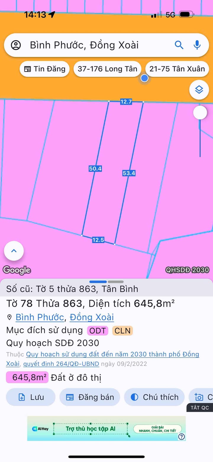 Đất thổ cư 625m² mặt tiền đường nhựa Tân Bình - Đồng Xoài, giá chỉ 3.7 tỷ!