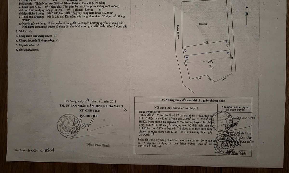 Đất nền Hòa Nhơn Đà Nẵng 832m² giá 3.7 tỷ - Vị trí đắc địa, đầu tư sinh lời!