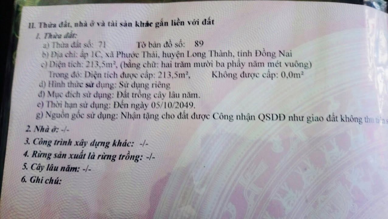Đất nền Hẻm 1866 Phước Thái 210m² giá 1.3 tỷ - Sổ hồng chính chủ