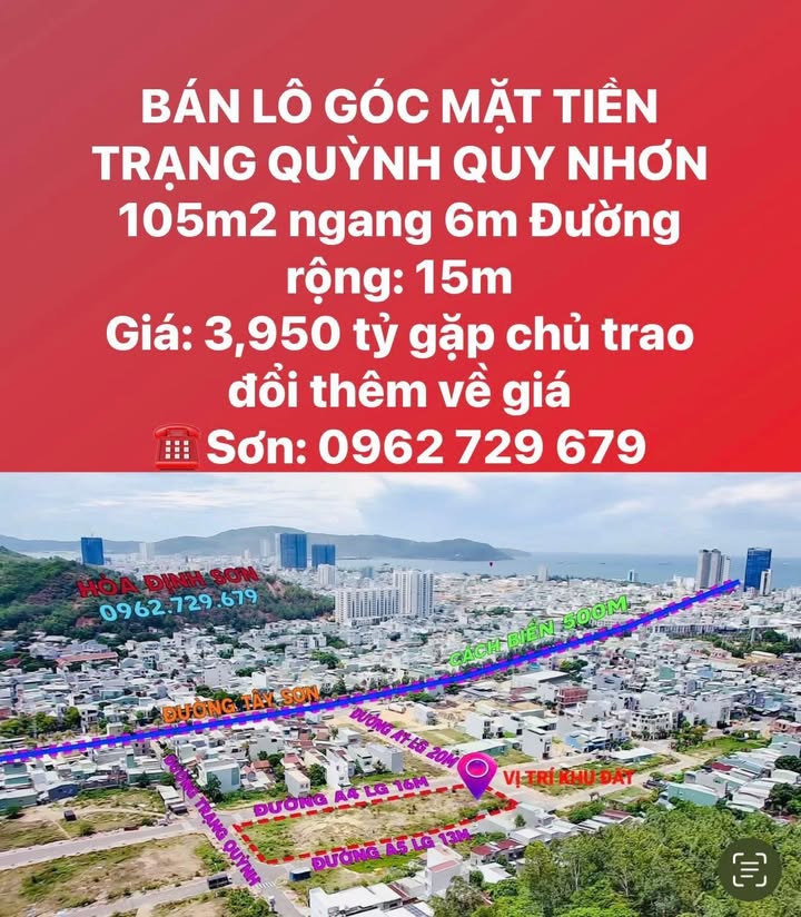 Đất lô góc mặt tiền Trạng Quỳnh Quy Nhơn 105m² giá 3.95 tỷ - Đầu tư sinh lời ngay!