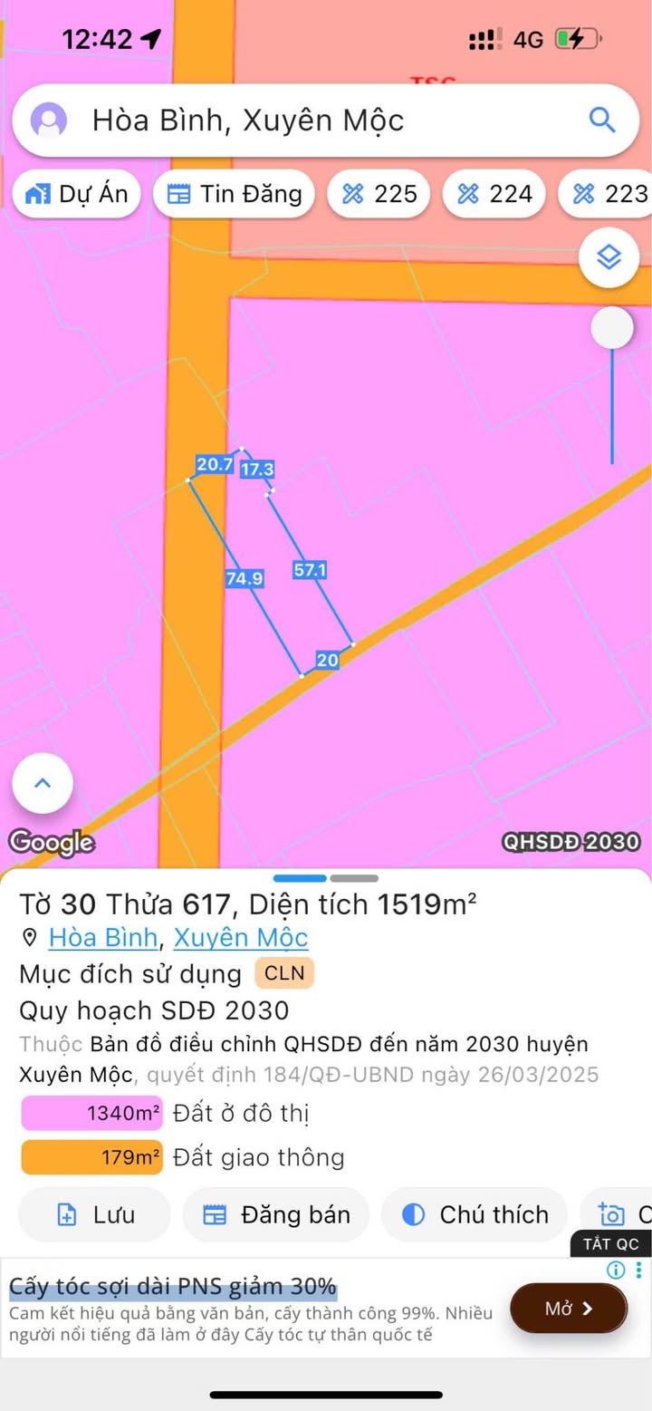 Đất nền Hòa Bình - Xuyên Mộc 1519m² giá 1.8 tỷ - Đầu tư sinh lời ngay!