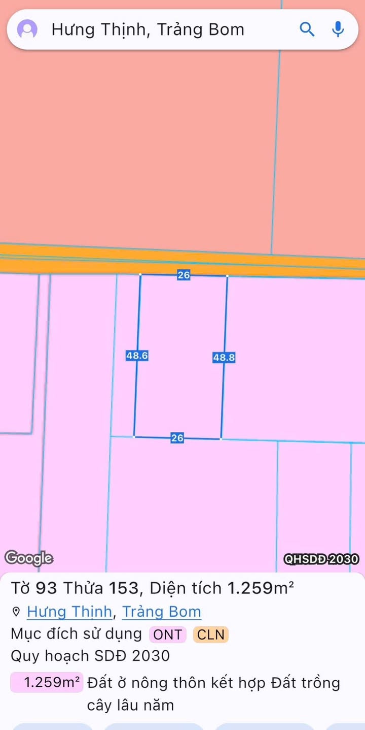 Đất nền 1259m² xã Hưng Thịnh, Trảng Bom, Đồng Nai - Giá chỉ 3.4 tỷ, thích hợp xây biệt thự!