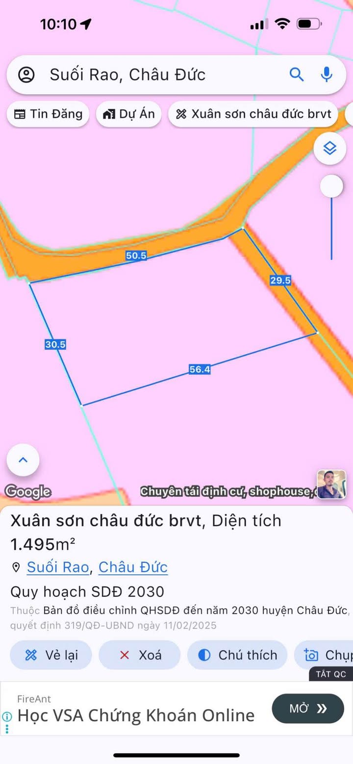 Đất thổ cư Suối Rao, Châu Đức 1450m² giá 2.6 tỷ - Sổ hồng riêng, mặt tiền đường nhựa