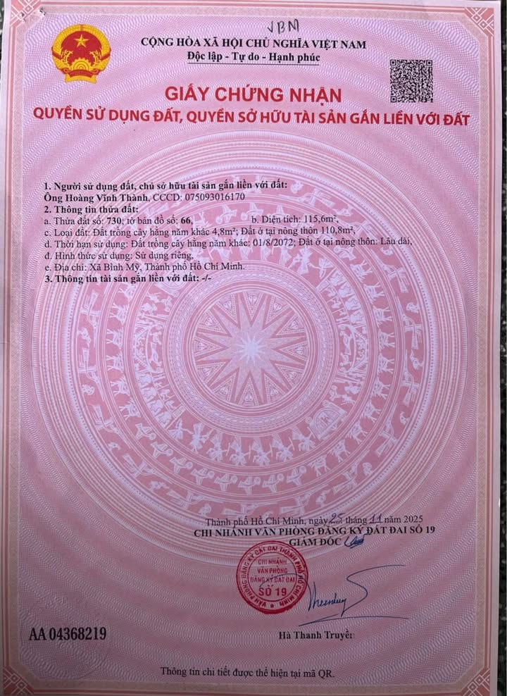 Đất thổ cư Bình Mỹ Củ Chi 115m² giá 2.25 tỷ - Mặt đường nhựa, sổ hồng riêng!