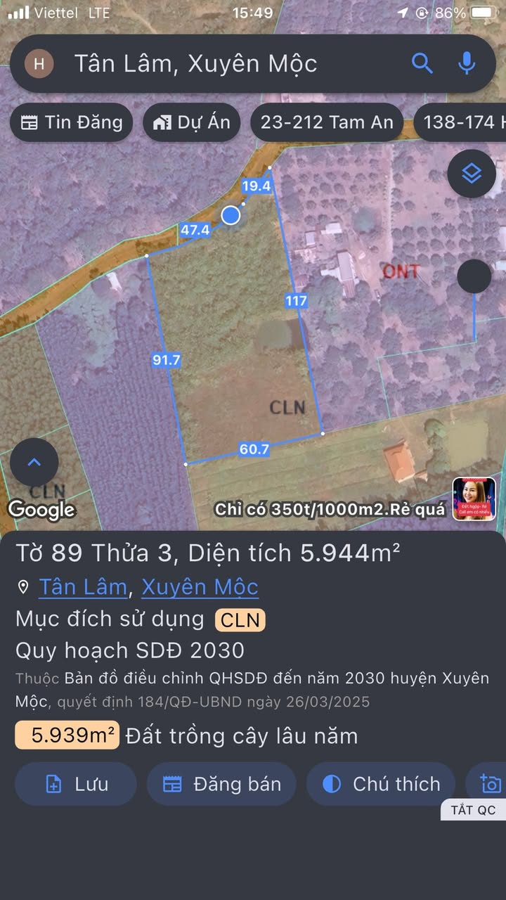 Đất nền xã Tân Lâm, Xuyên Mộc 5944m² giá 1.35 tỷ - Đầu tư sinh lời ngay!