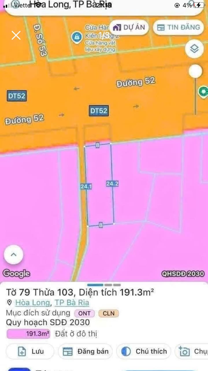 Đất kinh doanh mặt tiền Tỉnh Lộ 52, Bà Rịa 192m² giá 5 tỷ - Cơ hội đầu tư hấp dẫn!