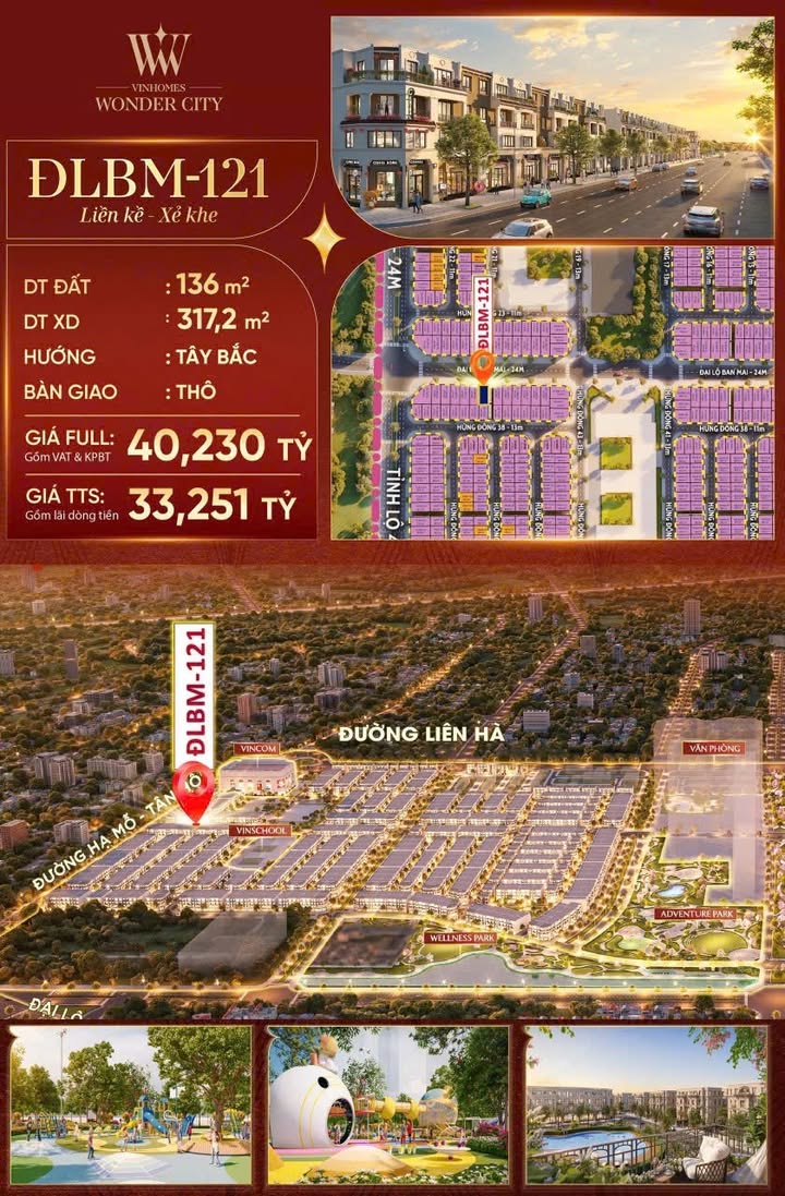 Townhouse Vinhomes Wonder City Đan Phượng 136m² giá 40.23 tỷ - Vị trí đẹp, thông thoáng!