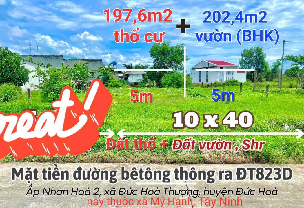 Đất nền ấp Nhơn Hòa 2, xã Mỹ Hạnh, 400m² giá 1.85 tỷ - Sổ hồng riêng chính chủ!