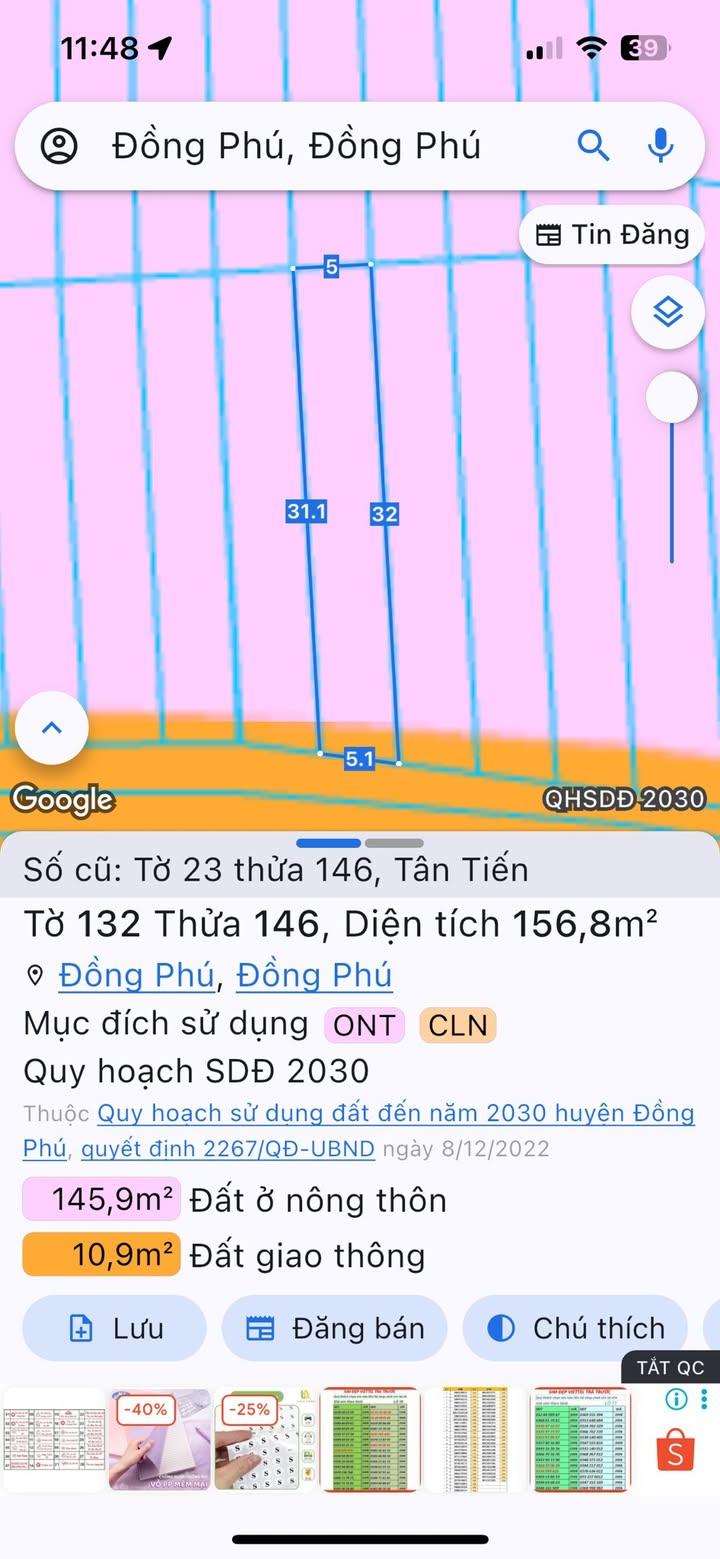 Đất thổ cư Tân Tiến 160m² giá chỉ 550 triệu - Cơ hội đầu tư hấp dẫn!