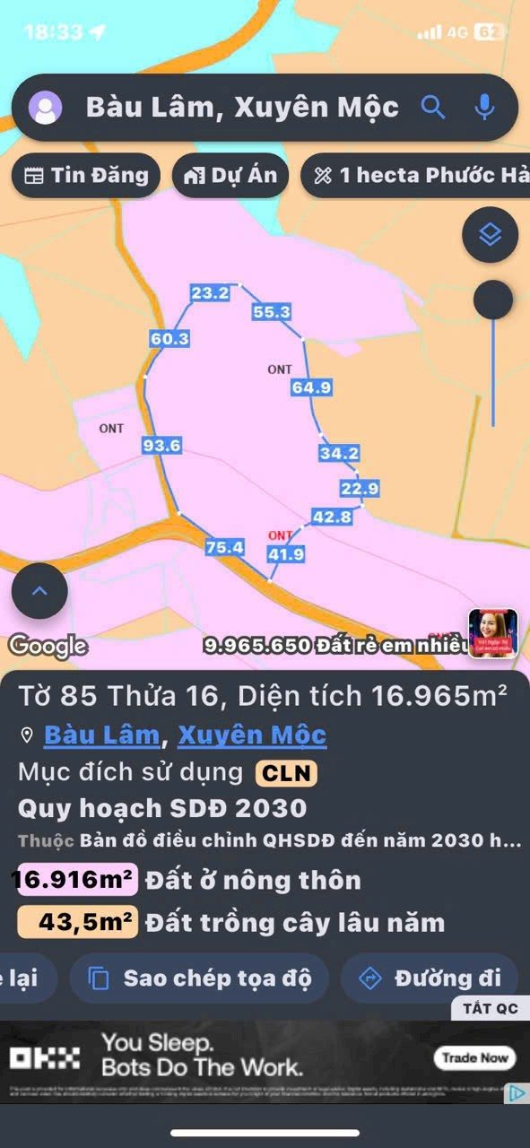 Đất nền Bàu Lâm Xuyên Mộc 1.7ha giá 19.5 tỷ - Thích hợp phân lô hoặc nhà vườn!