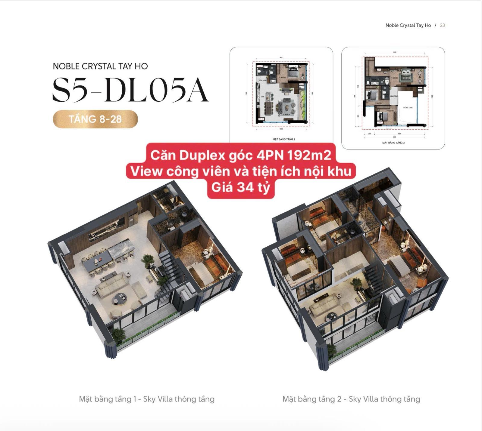 Căn Duplex góc 192m² view Công viên Ciputra 65ha, giá 34 tỷ - Thiết kế 4PN tại Noble Crystal Tây Hồ