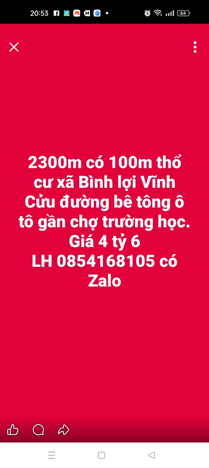 Đất thổ cư 100m² xã Bình Lợi Vĩnh Cửu 2300m² giá 4.6 tỷ - Gần chợ, trường học