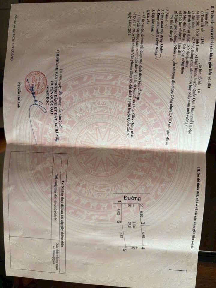 Đất thổ cư Đại Thành, Quốc Oai 57.5m² - Ô tô đỗ cửa, giá đầu tư!