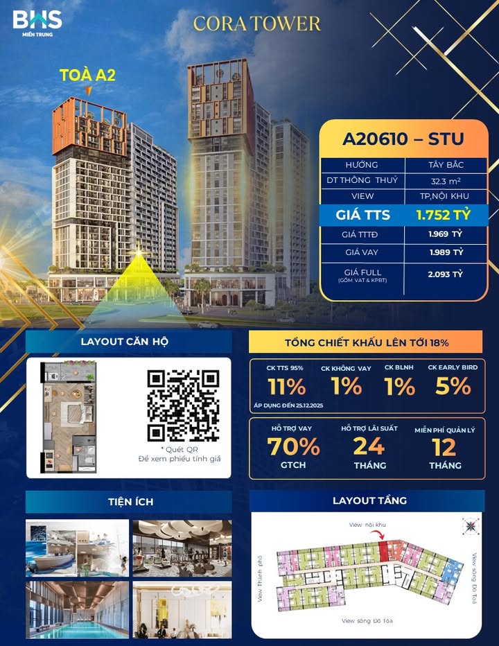 Căn hộ Studio Cora Tower Đà Nẵng 32m² giá 1.752 tỷ - Không gian sống đẳng cấp!