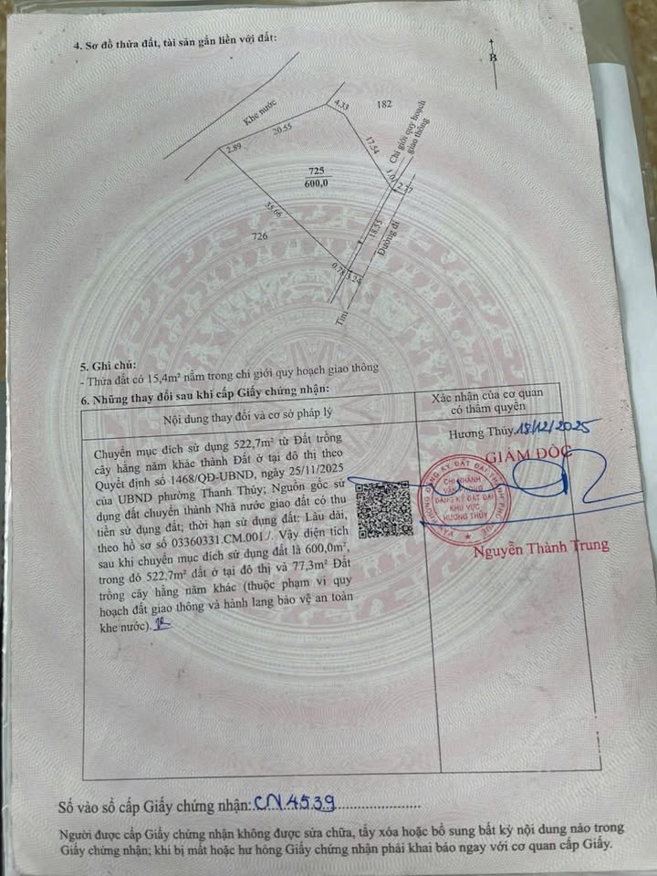 Đất nền 600m² K301 Trưng Nữ Vương Thủy Dương - Phân lô tách thửa lý tưởng!