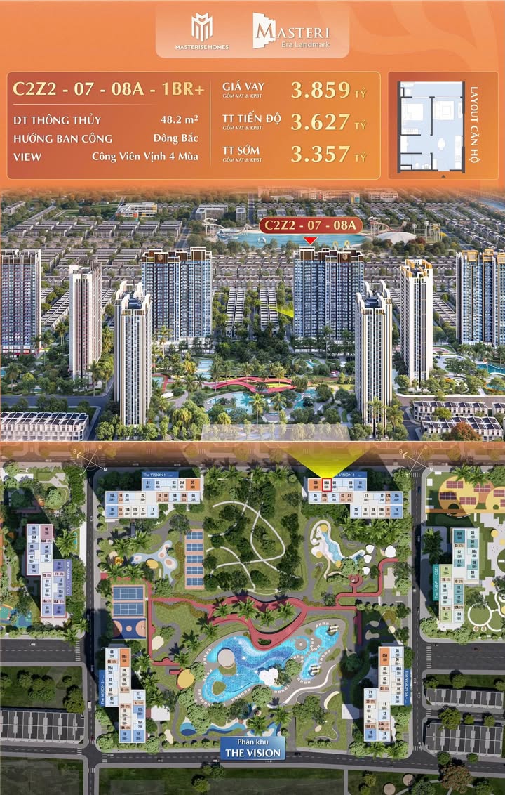 Căn hộ Masteri Era Landmark 48m² giá 3.627 tỷ - View công viên tuyệt đẹp!