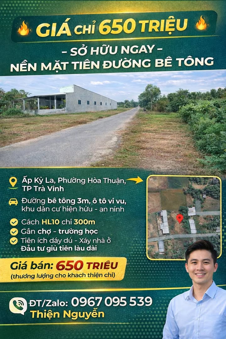 Đất nền mặt tiền đường bê tông Kỳ La, Trà Vinh 200m² giá chỉ 650 triệu - Đầu tư sinh lời!
