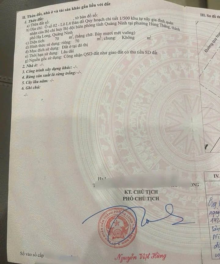 Đất tái định cư Biên Phòng Hùng Thắng 70m² giá 4 tỷ - Sổ đỏ chính chủ, hướng Tây Nam!