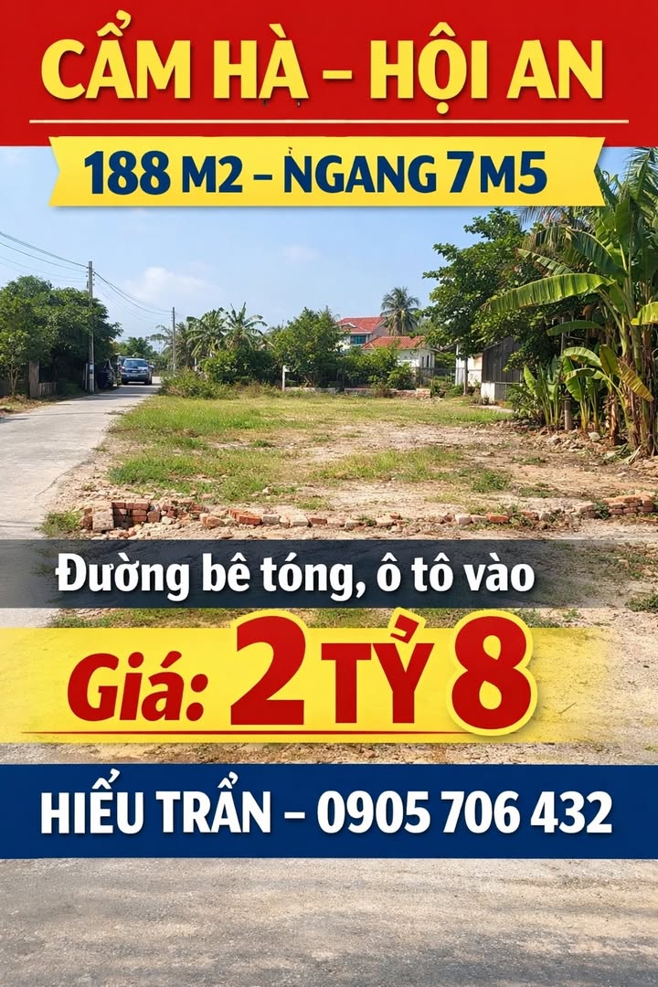 Đất nền Cẩm Hà Hội An 188m² giá 2.8 tỷ - Tiềm năng đầu tư lớn!