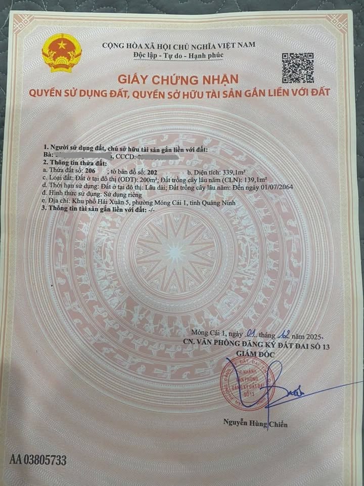 Đất nền chính chủ tại khu phố Hải Xuân 5, Móng Cái, 339m² - Cần bán gấp!