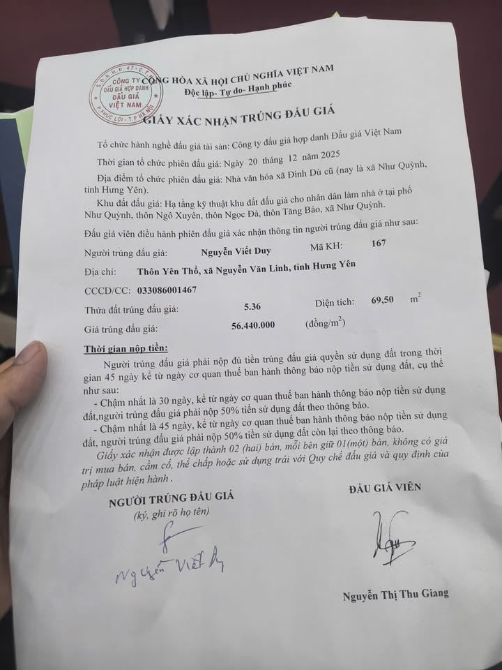 Lô đất đấu giá Như Quỳnh, Hưng Yên 69,5m² giá 3,94 tỷ - Pháp lý rõ ràng, chính chủ!