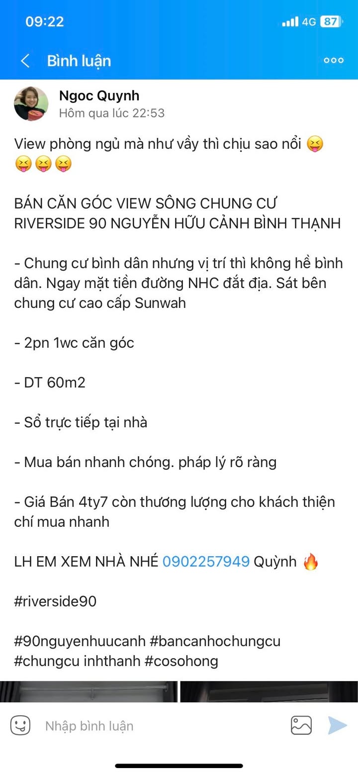 Chung cư Riverside 90, Bình Thạnh 58m² giá 4.65 tỷ - Sổ hồng chính chủ