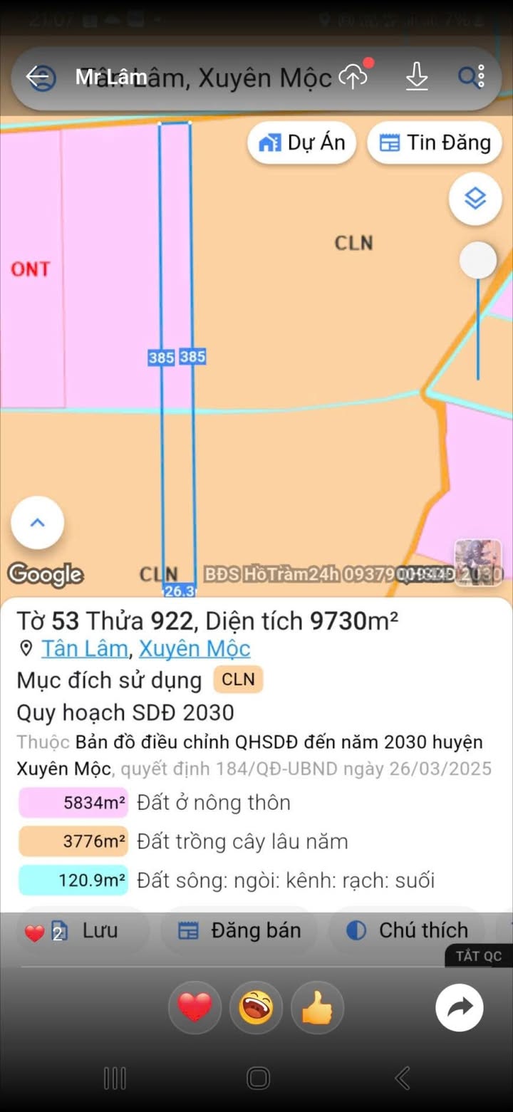 Đất nền Tân Lâm Xuyên Mộc 9700m² giá 3.7 tỷ - Sổ hồng chính chủ!